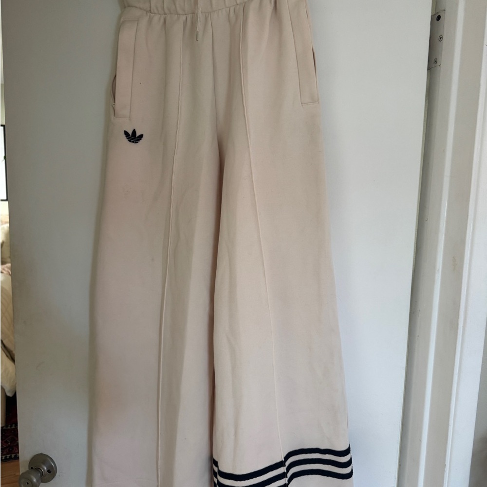 adidas Cream Wide-Leg Kids Sweatpants with Black Trim
